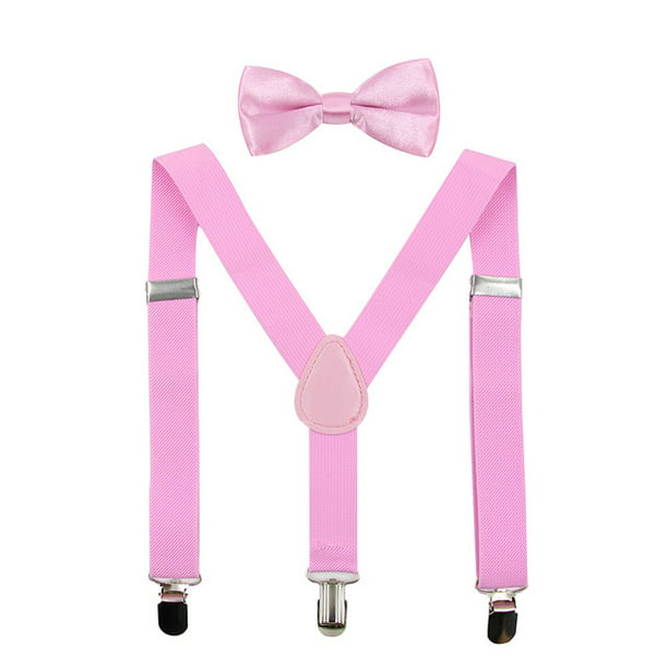New Kid's Boy's Y back Suspender adjustable strap clip on & bowtie formal pink
